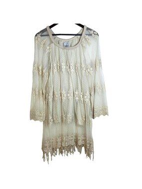 Contrast Cream Floral Embroidery Lace Long Sleeve Boho Cowgirl Mini Dress Medium